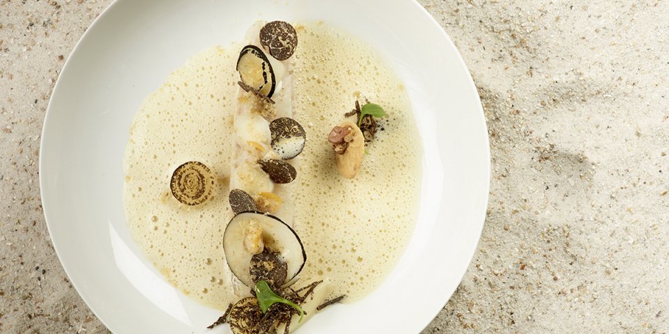 Soepje van wijting en kokkels met rammenas en truffel Soepje van wijting en kokkels met rammenas en truffel