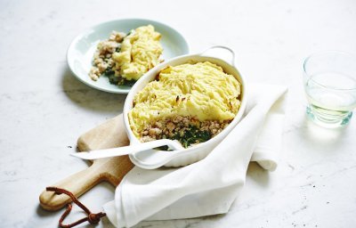 Gratin de pommes de terre, épinards et haché