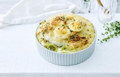 Gratin d’aiglefin, œufs durs et purée de poireaux