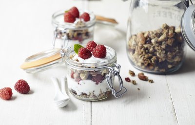 Trifle fromage blanc, granola et framboises